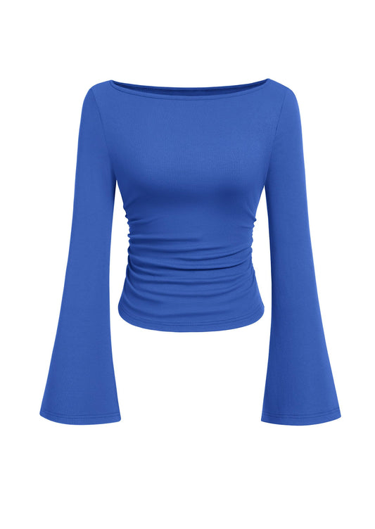 PRETTYGARDEN Womens Long Sleeve Shirts 2026 Spring Crop Going Out Tops Casual Boat Neck Bell Sleeve Ribbed Ruched Y2K Clothes